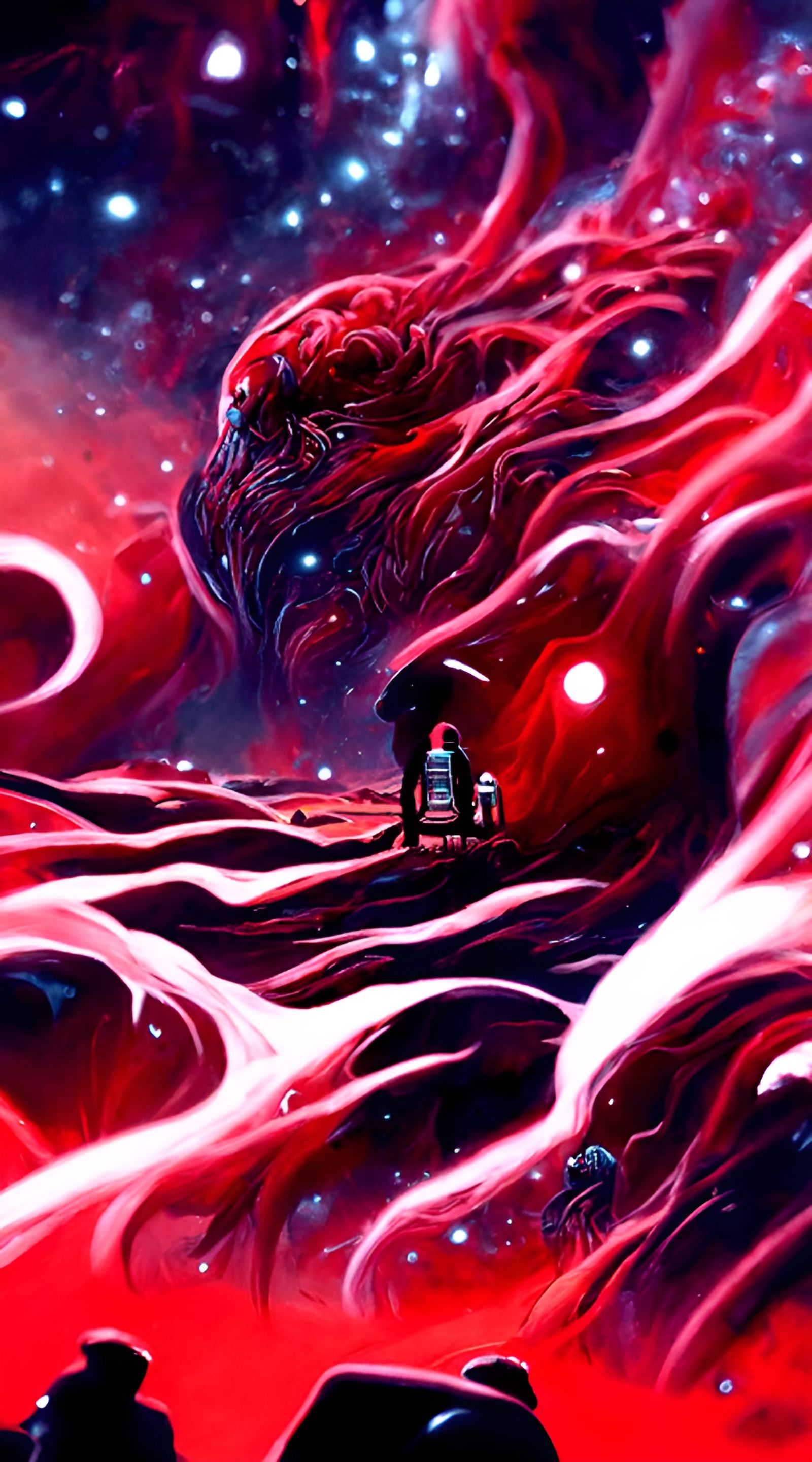 Dramatic Crimson Cosmic Landscape in Expressionist Style
