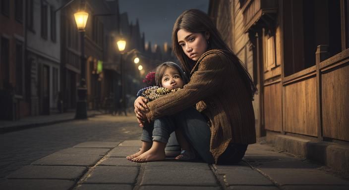 Sad Beggar Girl in Sepia Fantasy Town, Hyperrealistic