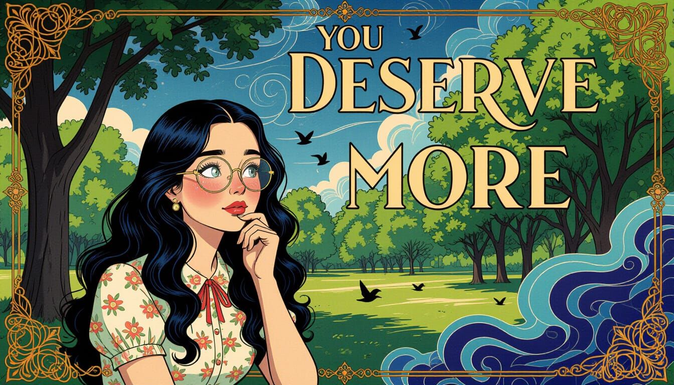 Woman in Park with Art Deco Text, Surreal Style