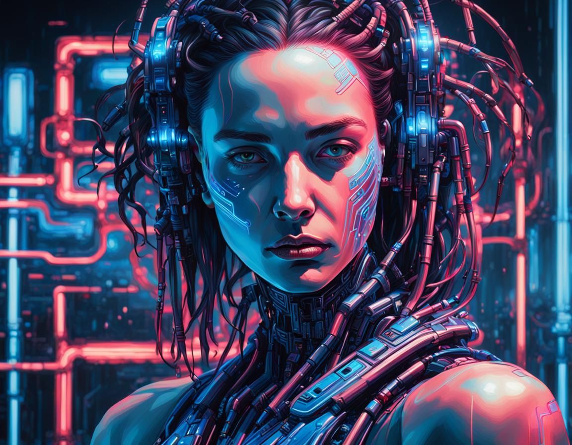 Cyberpunk Woman Portrait with Glowing Circuits