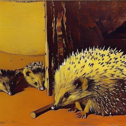 Hedgehog's Ailment with Mouse, Evoking Classic Art