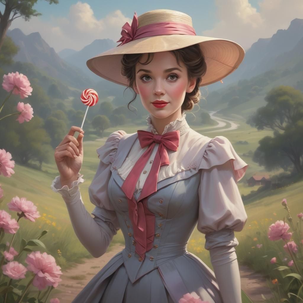 Mary Poppins Portrait with Lollipop in Digital Art Style