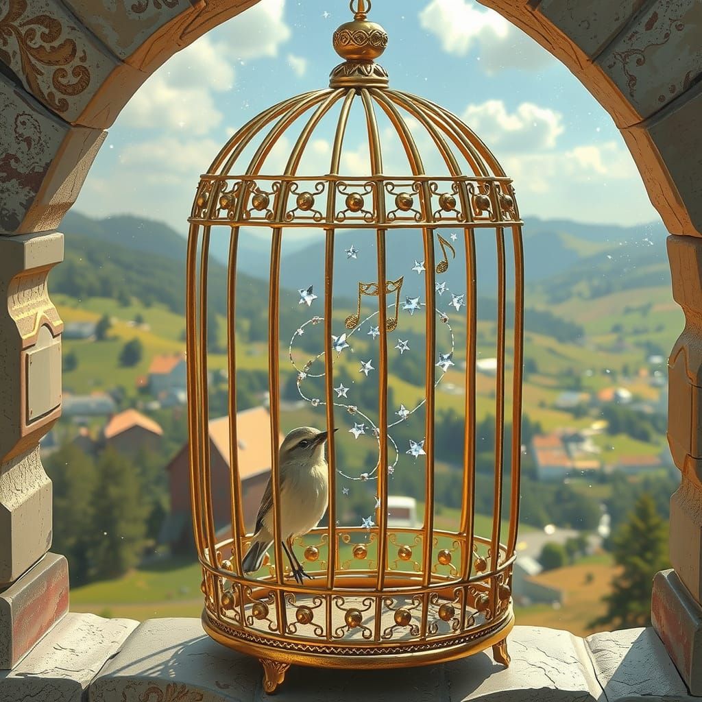 Magical Songbird in Filigree Cage Overlooks Breathtaking Lan...