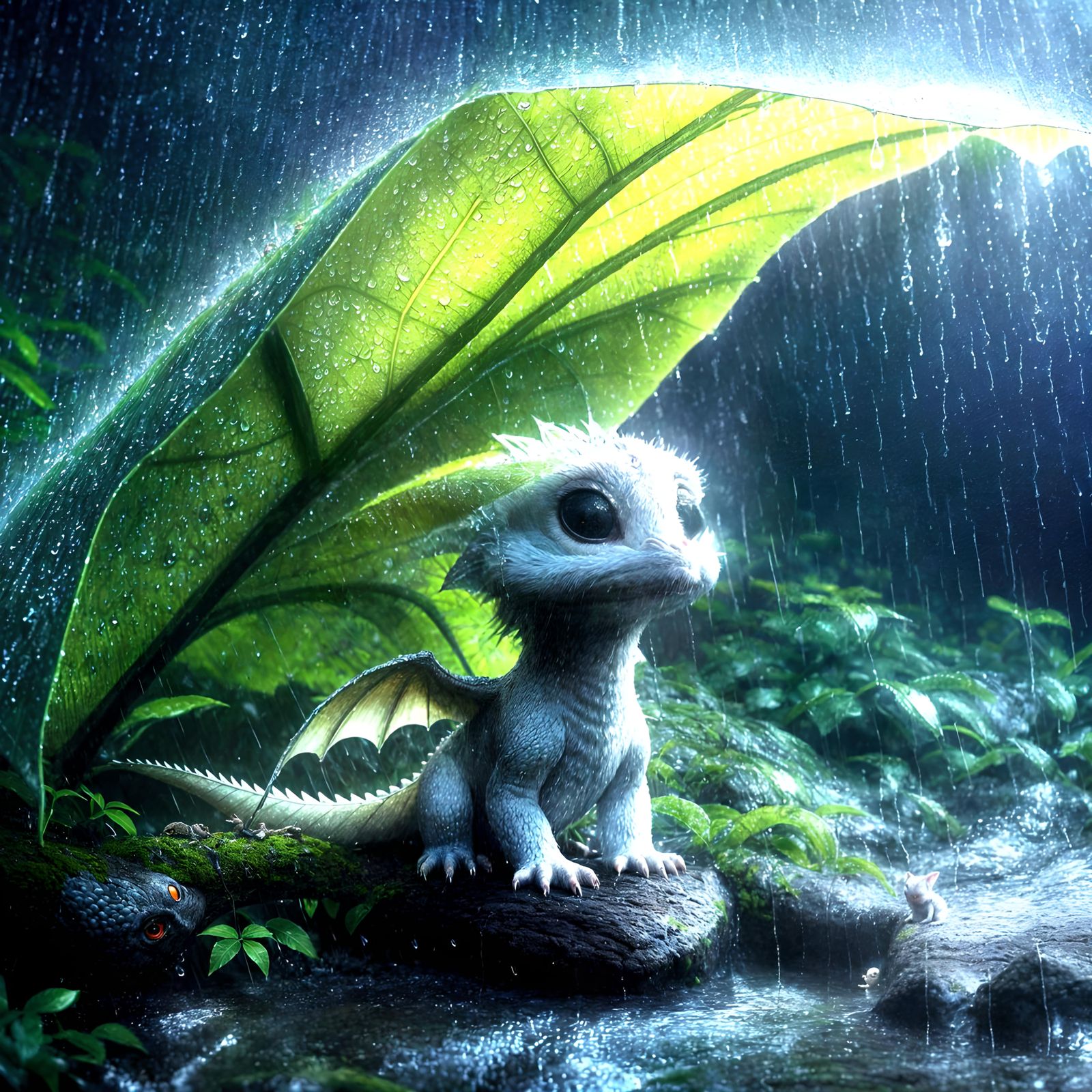 Brave Baby Dragon Sheltering from Rain in Forest