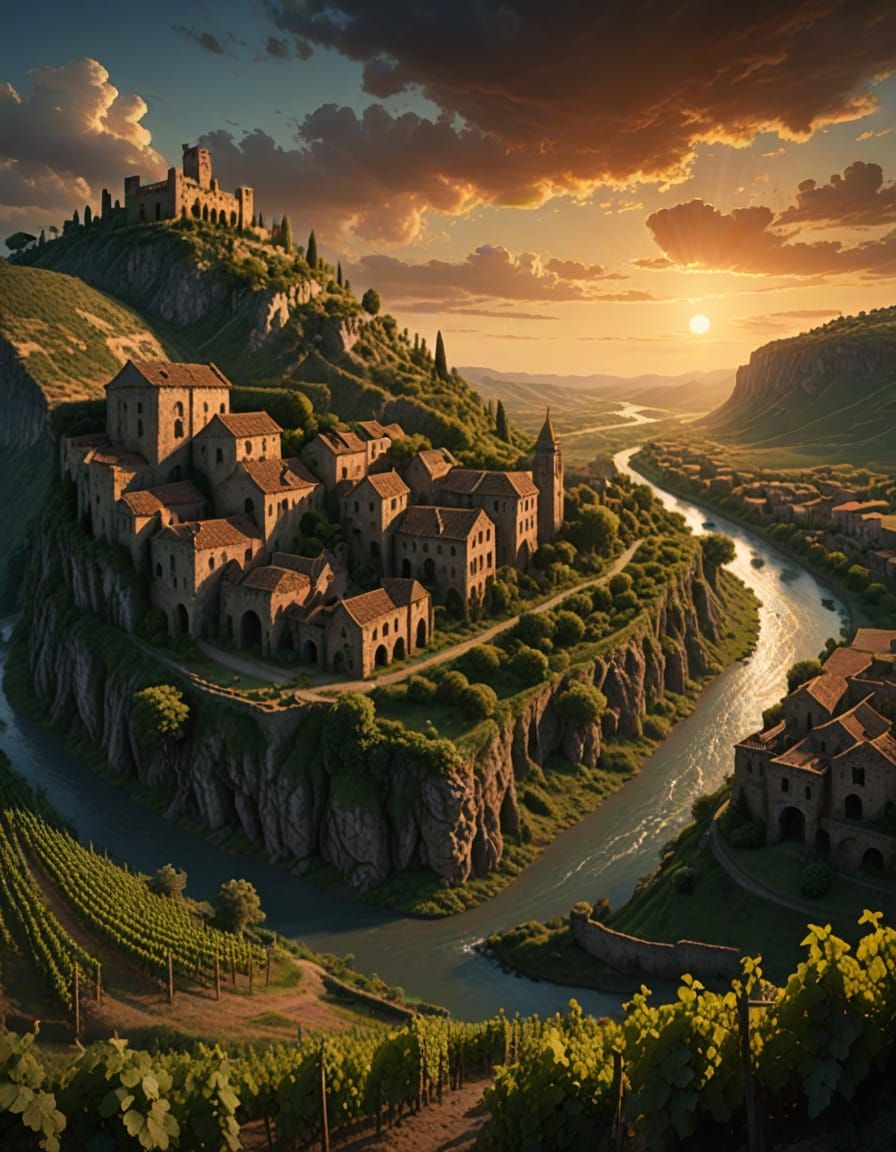 Epic Fantasy Castle Amidst Vineyards at Sundown