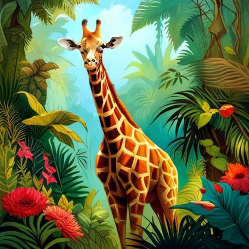Giraffe in Jungle, Intricate Concept Art