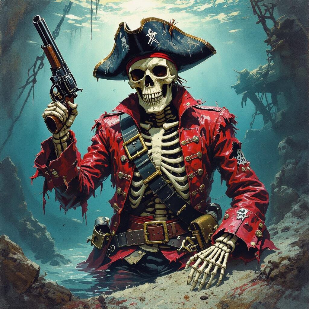 Skeleton Pirate Underwater Near Sunken Ship