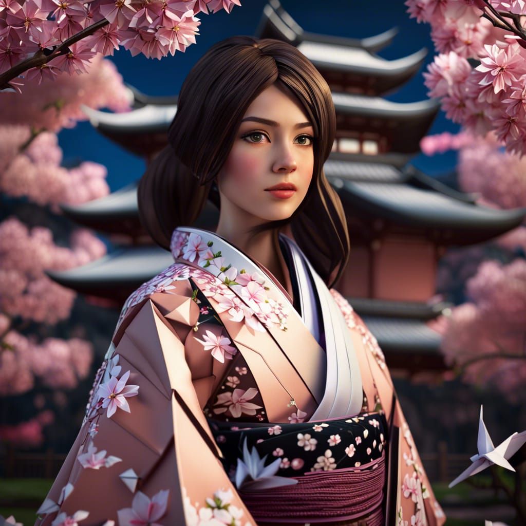 Origami Girl in Sakura Garden, Hyperrealistic