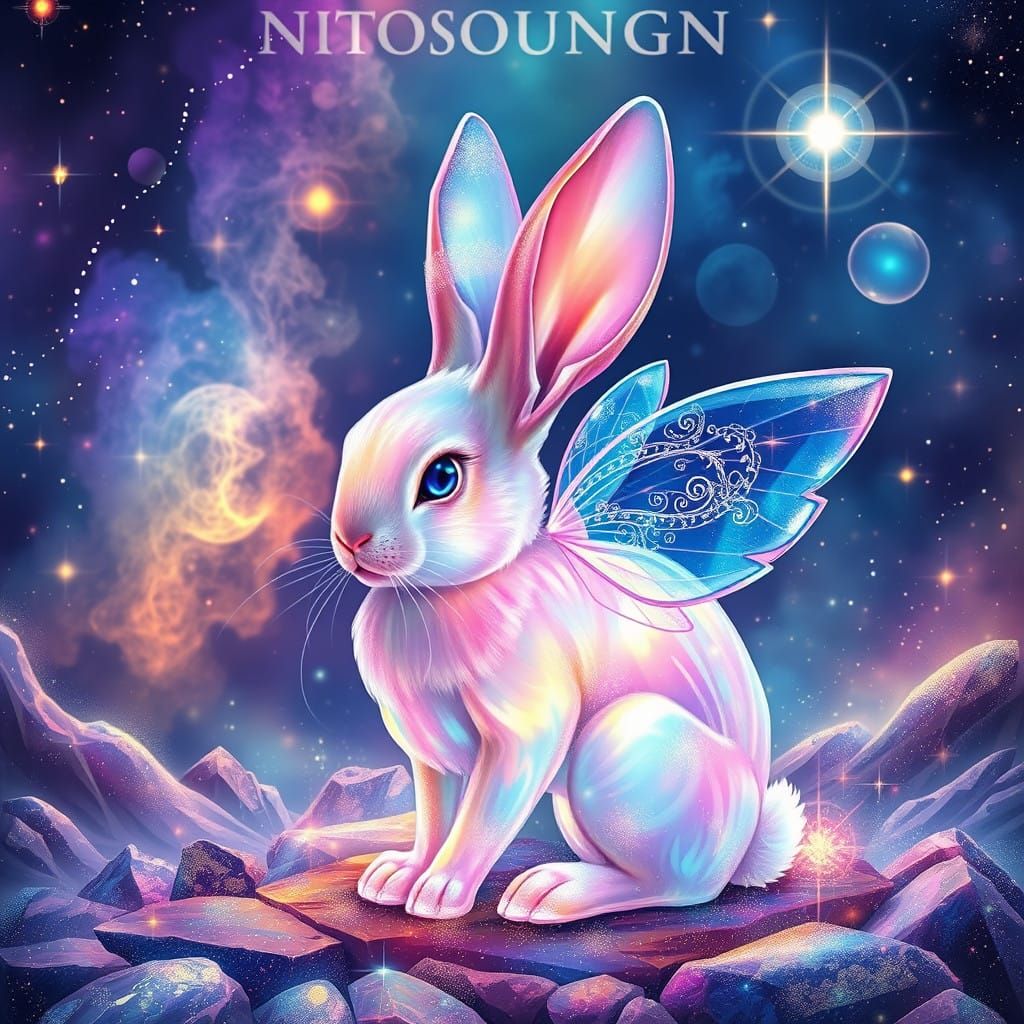 Cosmic Crystal Bunny with Iridescent Wings in a Dreamlike As...
