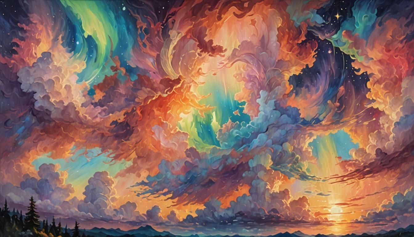 Aurora Borealis: Anime-Inspired Oil Painting in Triadic Colo...