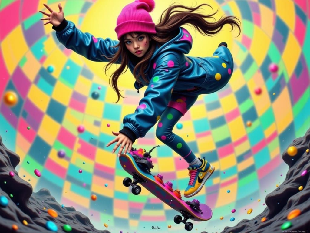 Skater in Mid-Air with Neon Checkered Background