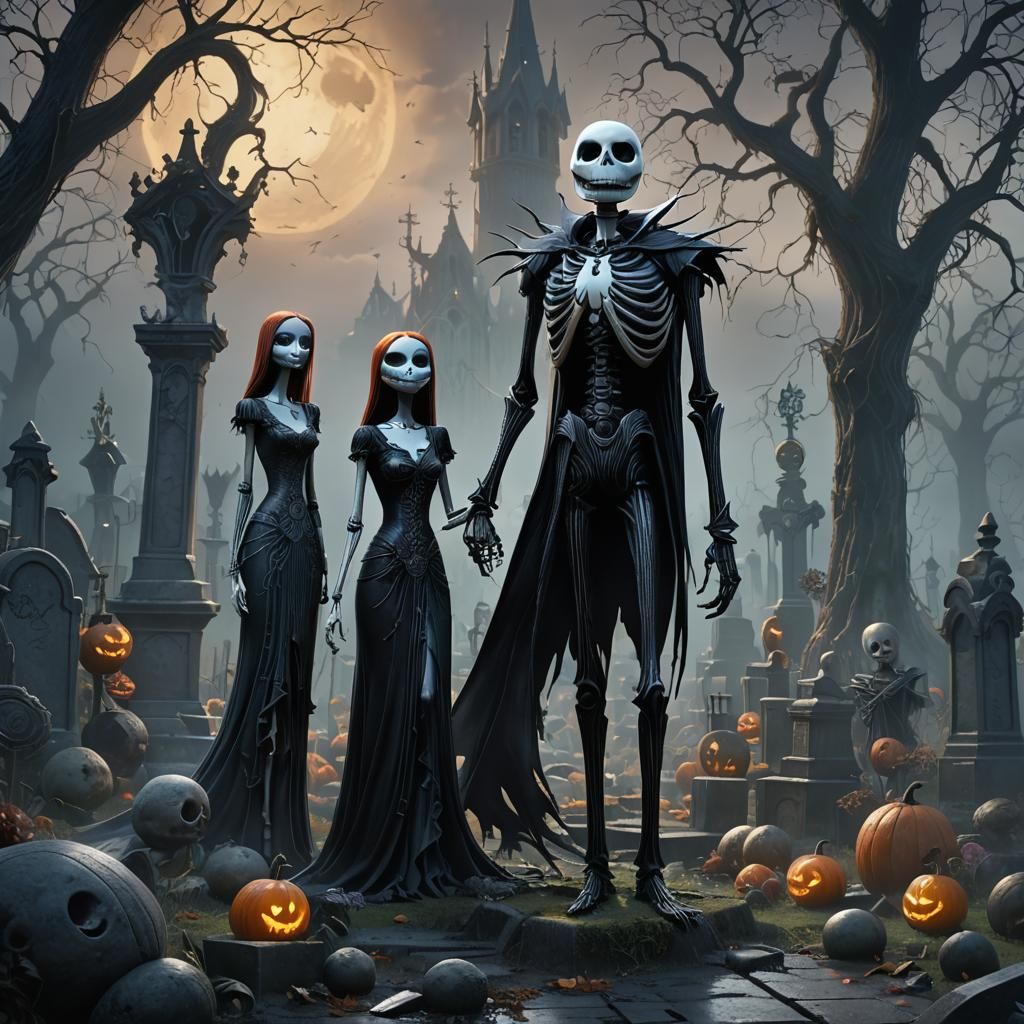 Jack and Sally in Graveyard, Art Nouveau Style