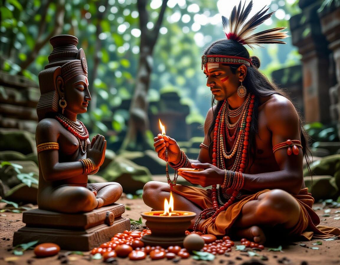 Indian Shaman Offering Carnelian to Ancient Statue