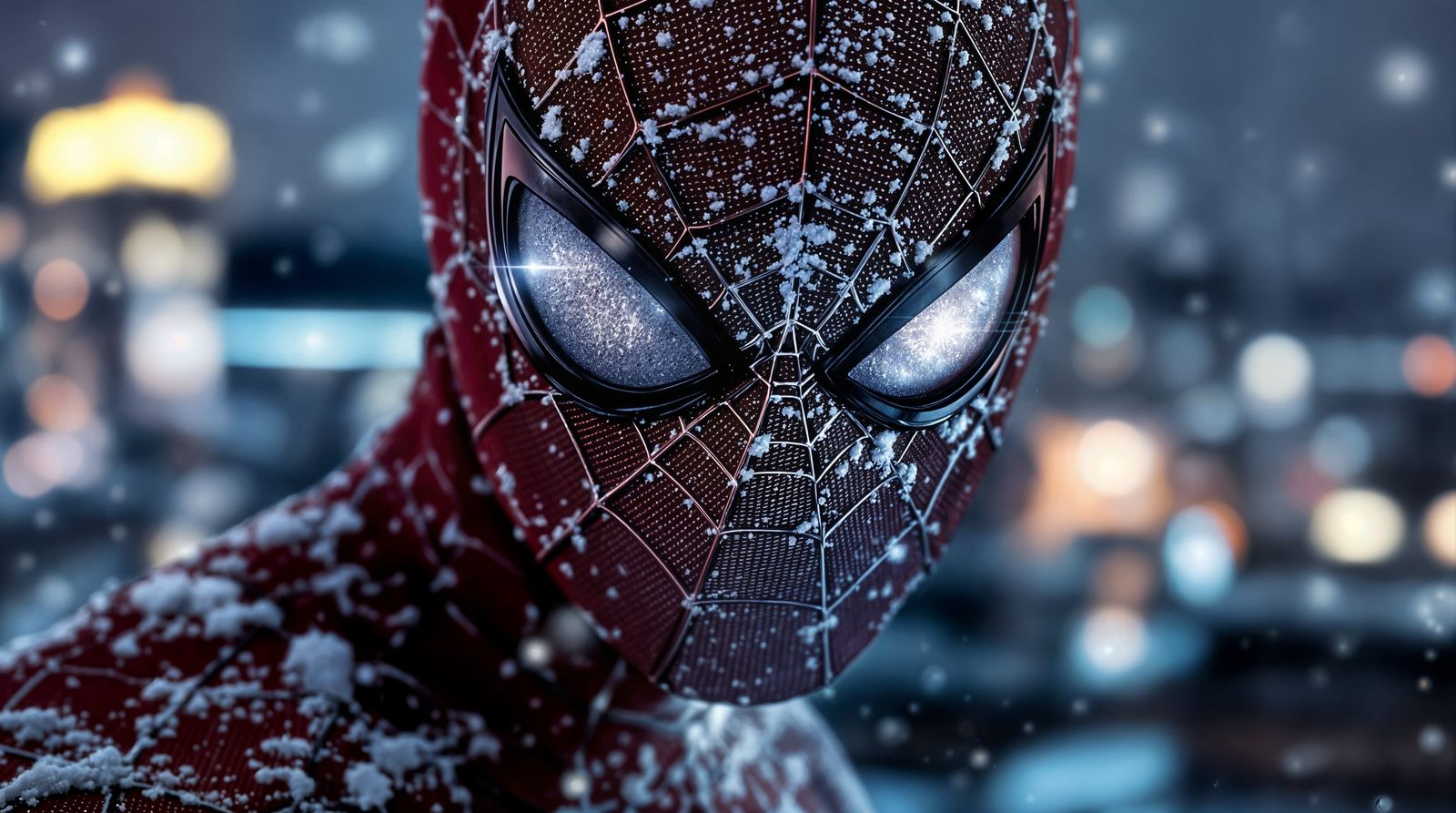 Spider-Man in Snowy Urban Landscape, Serene Portrait