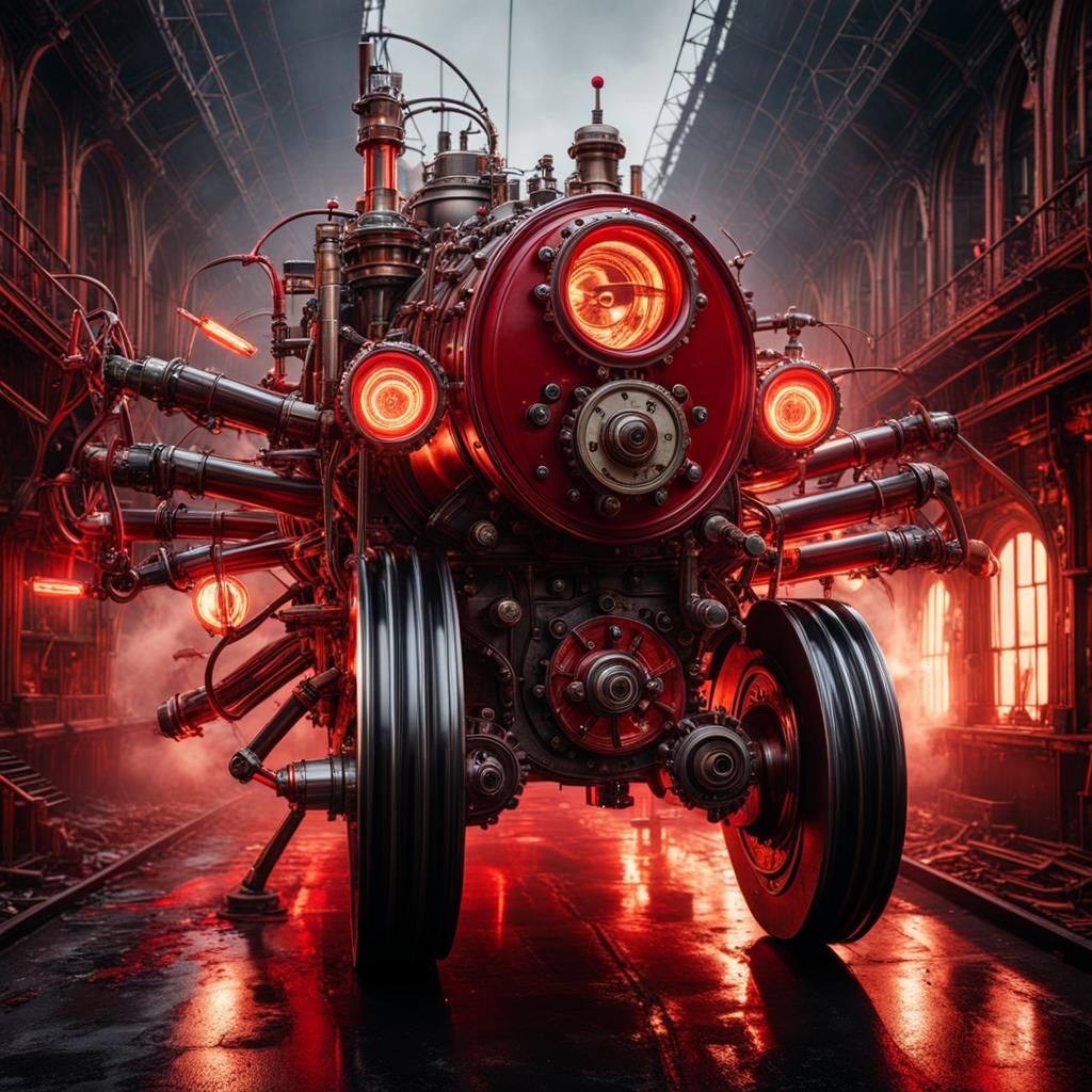 Hyperrealistic Steampunk Engine with Red Ink Splatter