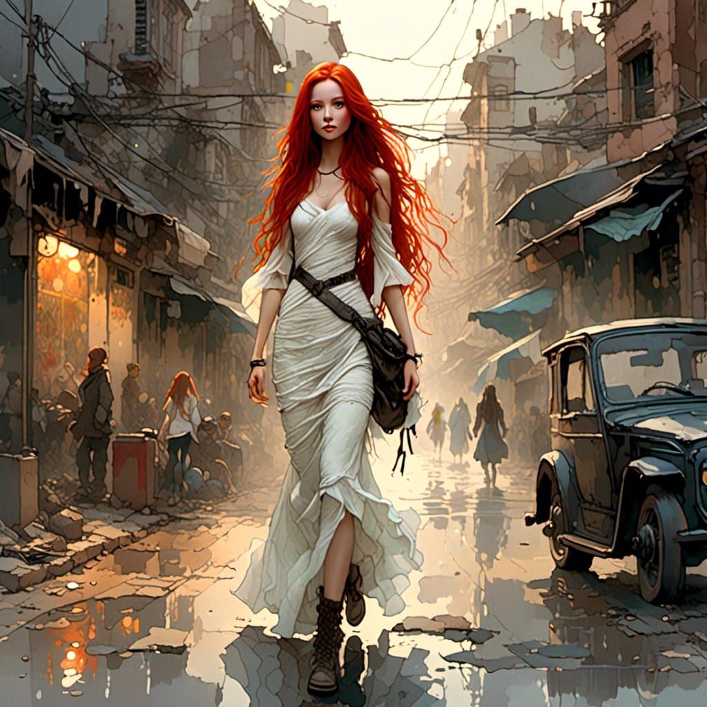 Red-Haired Woman in Post-Apocalyptic City, Gothic Art