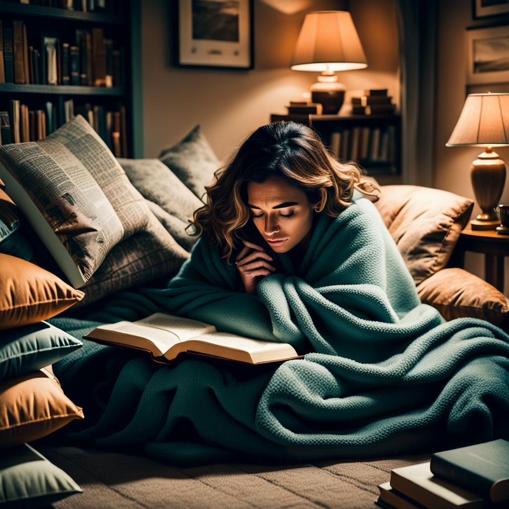 Cozy Reading Hour: Young Woman in Blanket