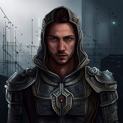 Cyberpunk Knight Portrait with Electric Circuits