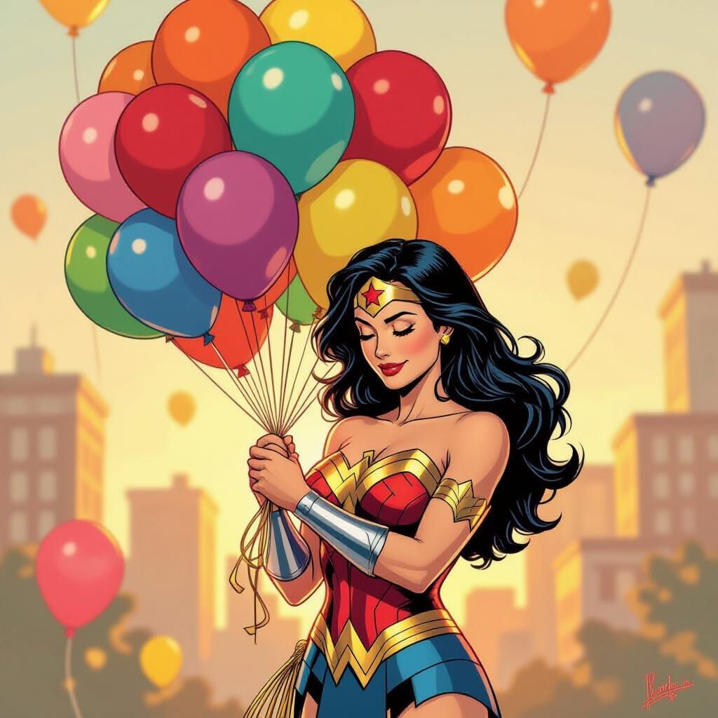 Wonder Woman Hugs Birthday Balloons in Comic Art Style