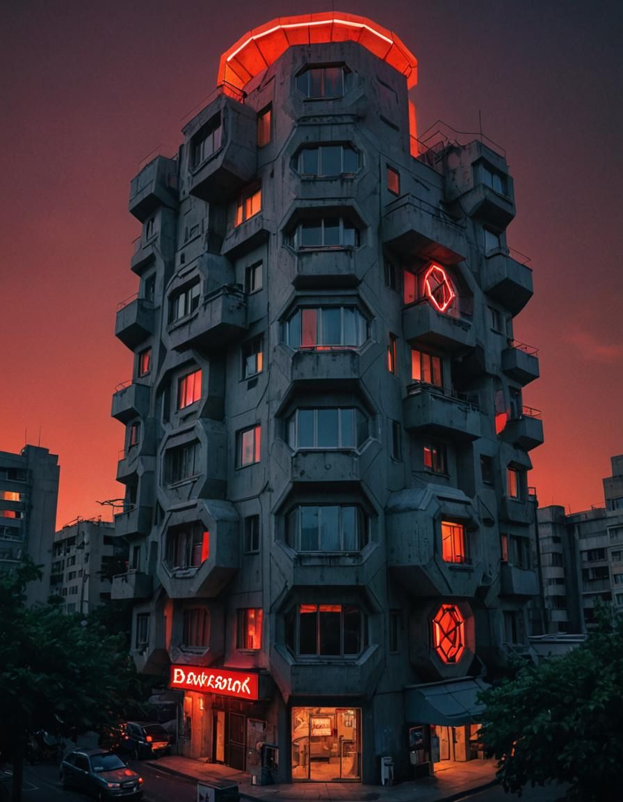 Futuristic Brutalist Hexagonal Habitats at Night