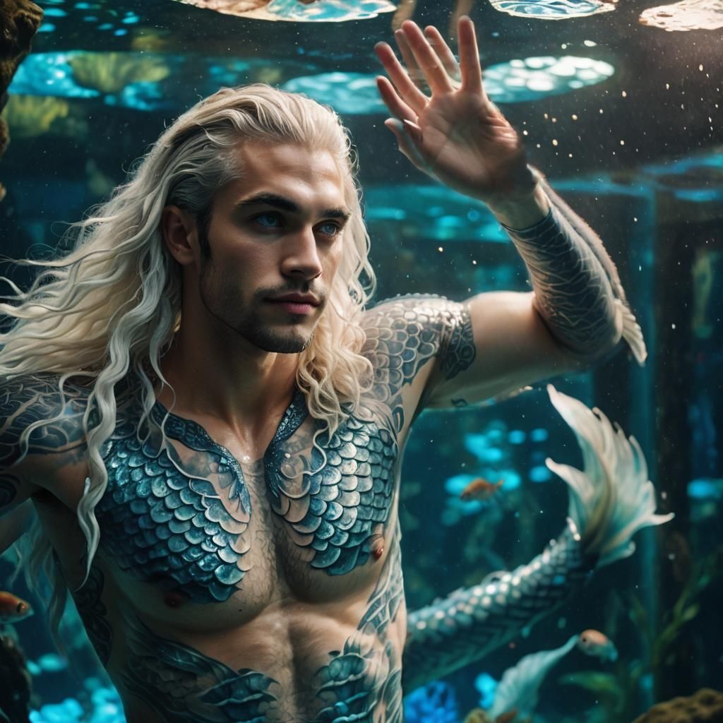 Merman Swimming in Aquarium Tank: Cinematic Film Still