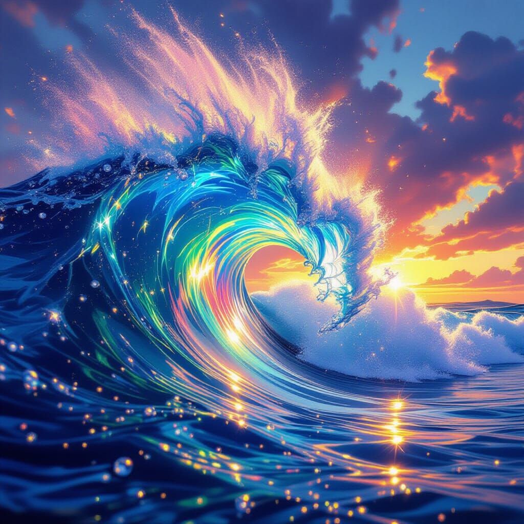 Vibrant Colossal Wave with Rainbow Refractions and Water Spl...