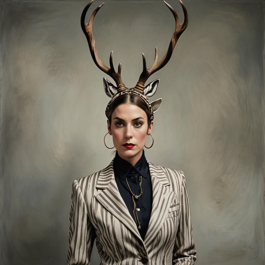 Surreal Woman with Antlers in Biomorphic Office