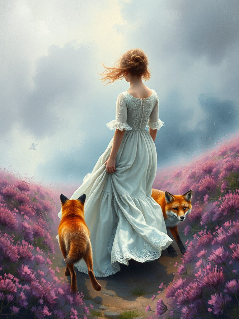 Girl and Fox on Misty Moors in Victorian Style