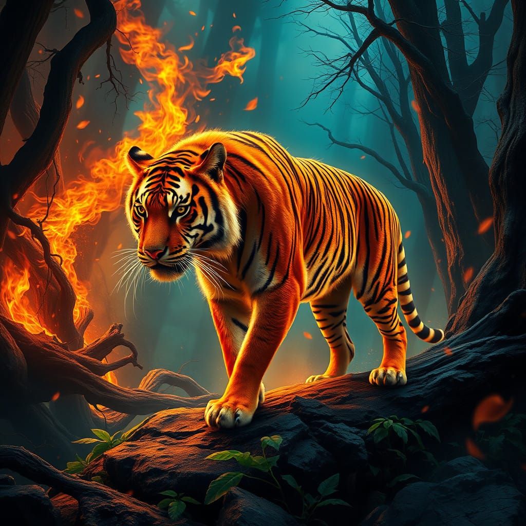 Majestic Tiger Born from Flames in Ancient Forest