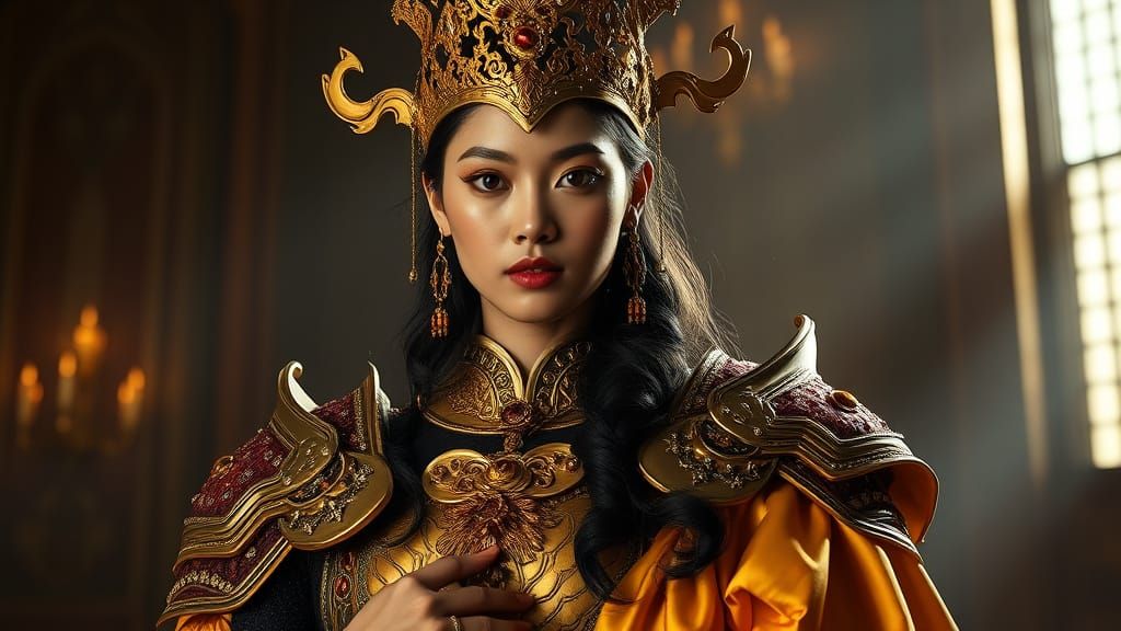 Regal Asian-African Queen in Golden Armor with Crimson and O...
