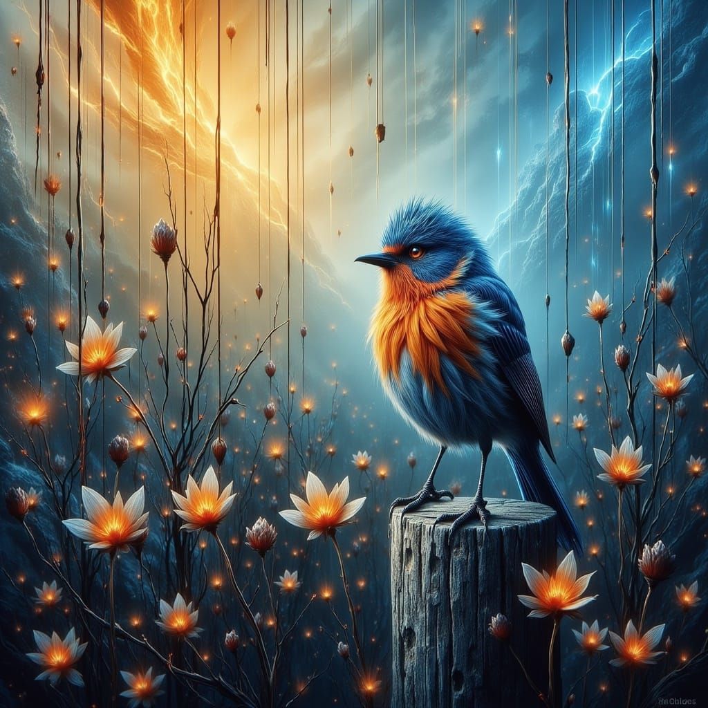 Abstract Bird on Fence with Complementary Colors