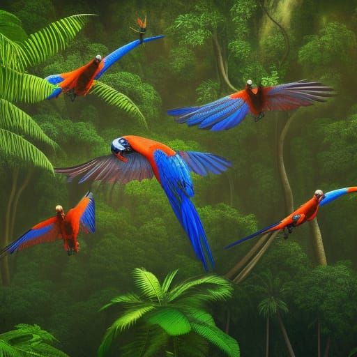 Macaws and Gazelles in a Detailed Rainforest Painting