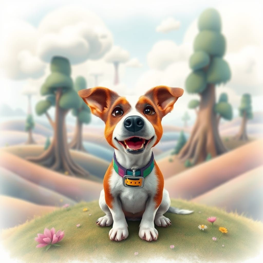 A jack russell terrier cartoon character in a surreal dreamscape, pastel colours, photographed from above