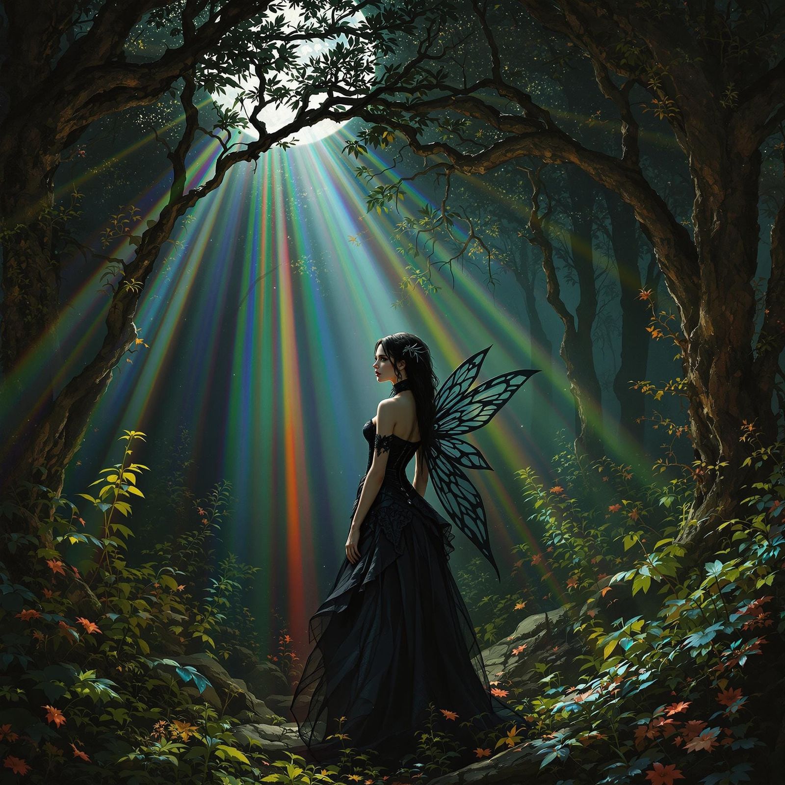 Gothic Fairy in Moonlit Forest, Art Nouveau Style