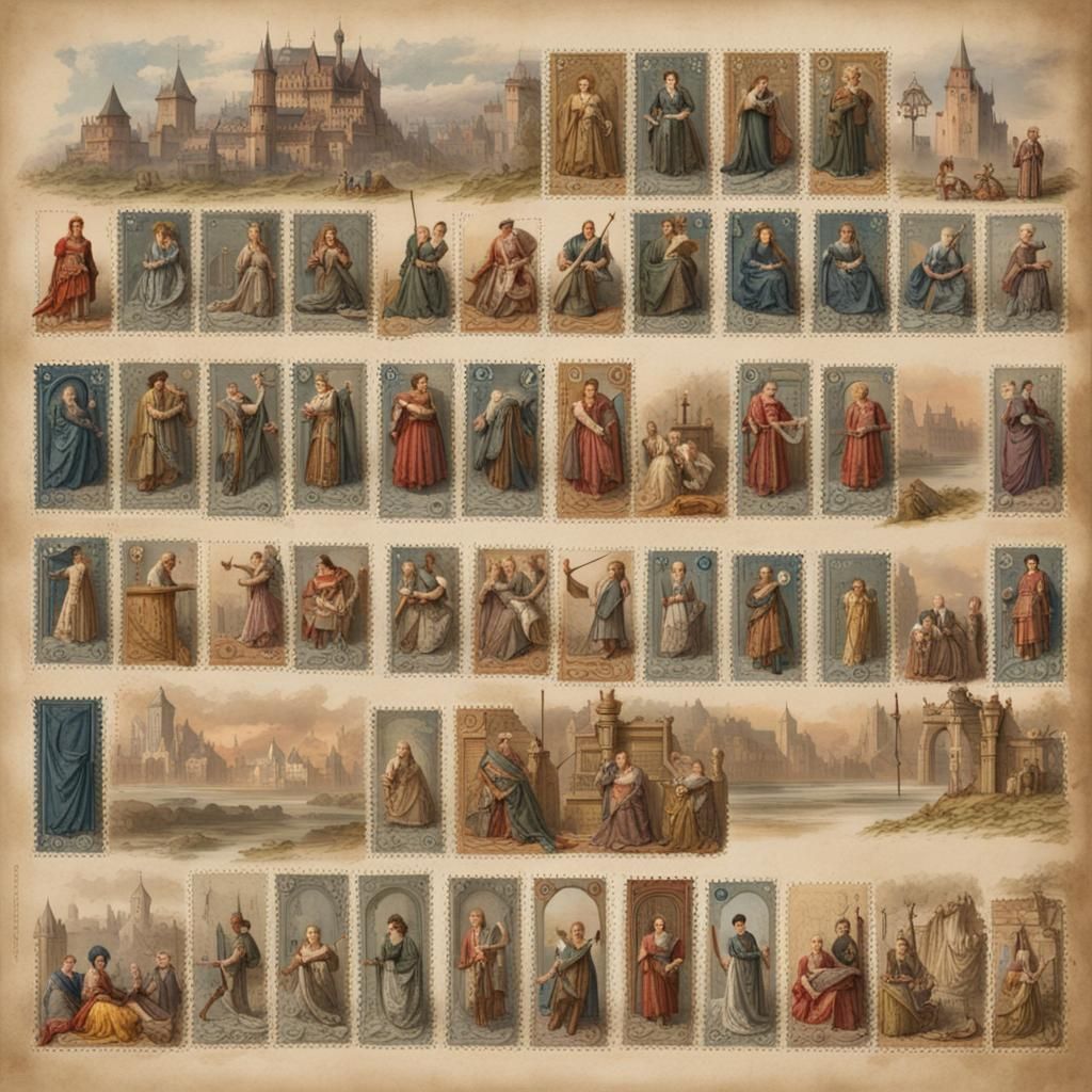 Medieval Queen and King Postage Stamps in Watercolor