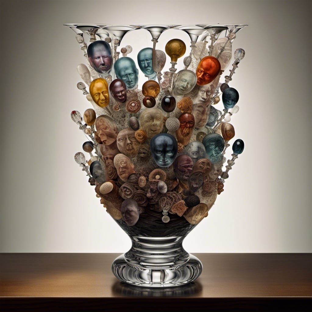 Steampunk Crystal Vase with Surreal Faces Still Life