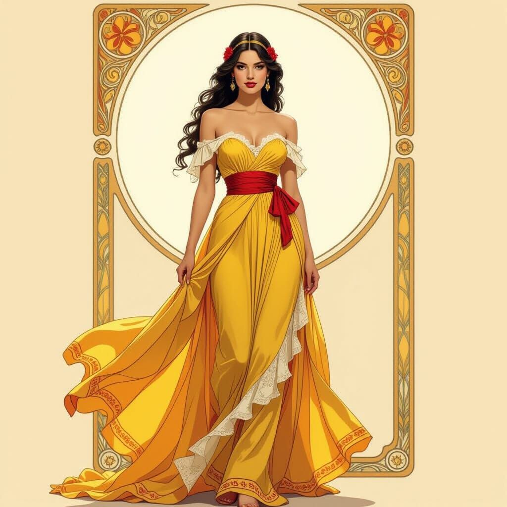 Elegant Model in Flowing Gown, Art Nouveau Style