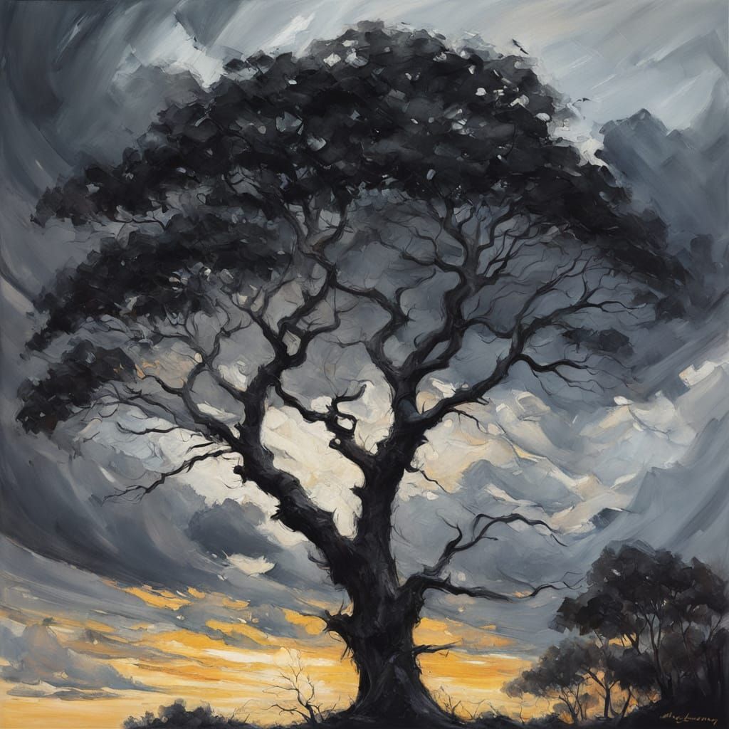 Dramatic Impressionist Oil Painting of Trees by the Sea