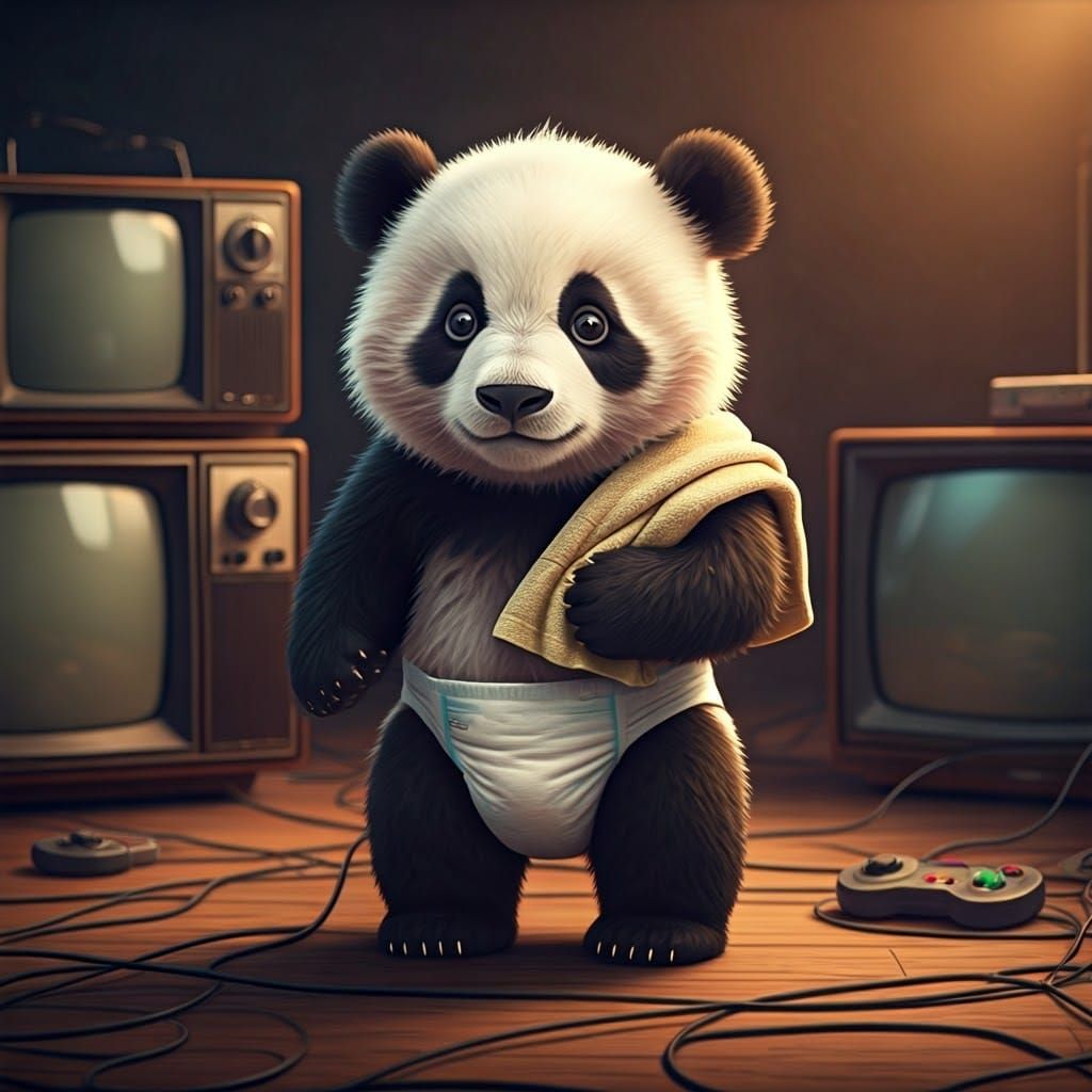 Adorable Panda Baby in Whimsical Retro Scene