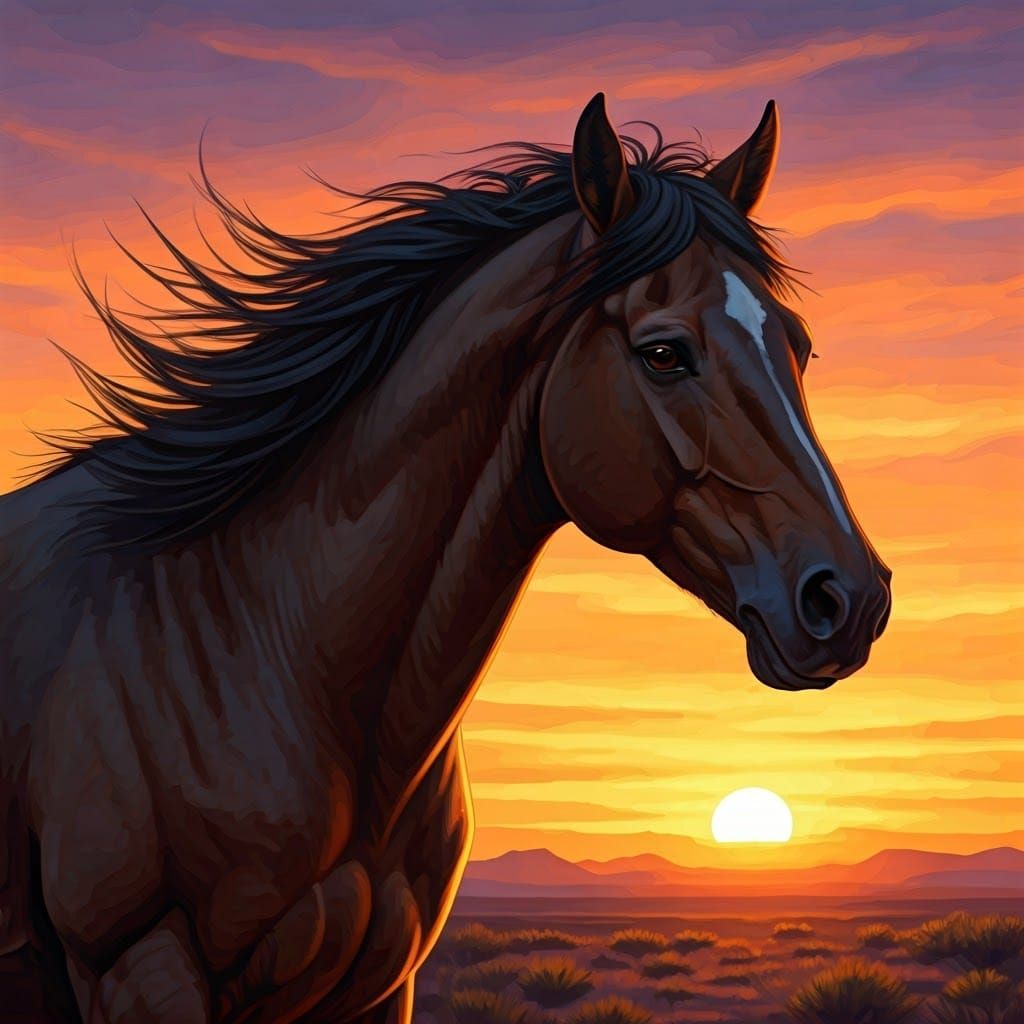 Wild Mustang Silhouette in Bierstadt Style Sunset
