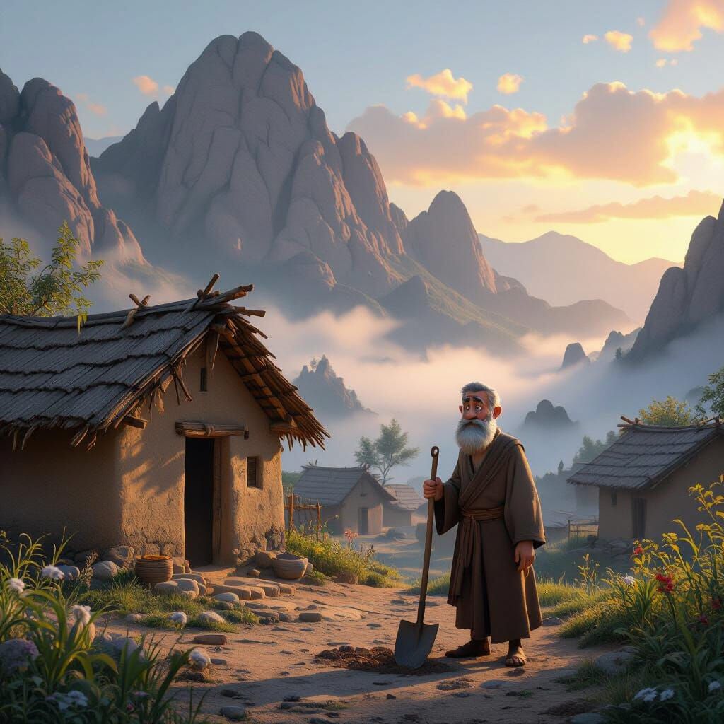 Forgotten Mountain Village at Sunset in Disney Pixar Style