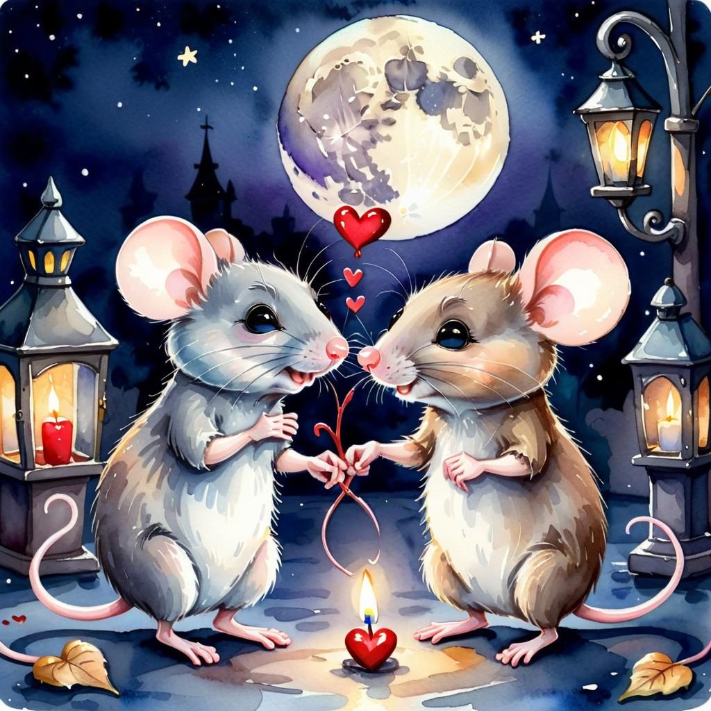 Romantic Mice Dating on Valentine's Day in Watercolor