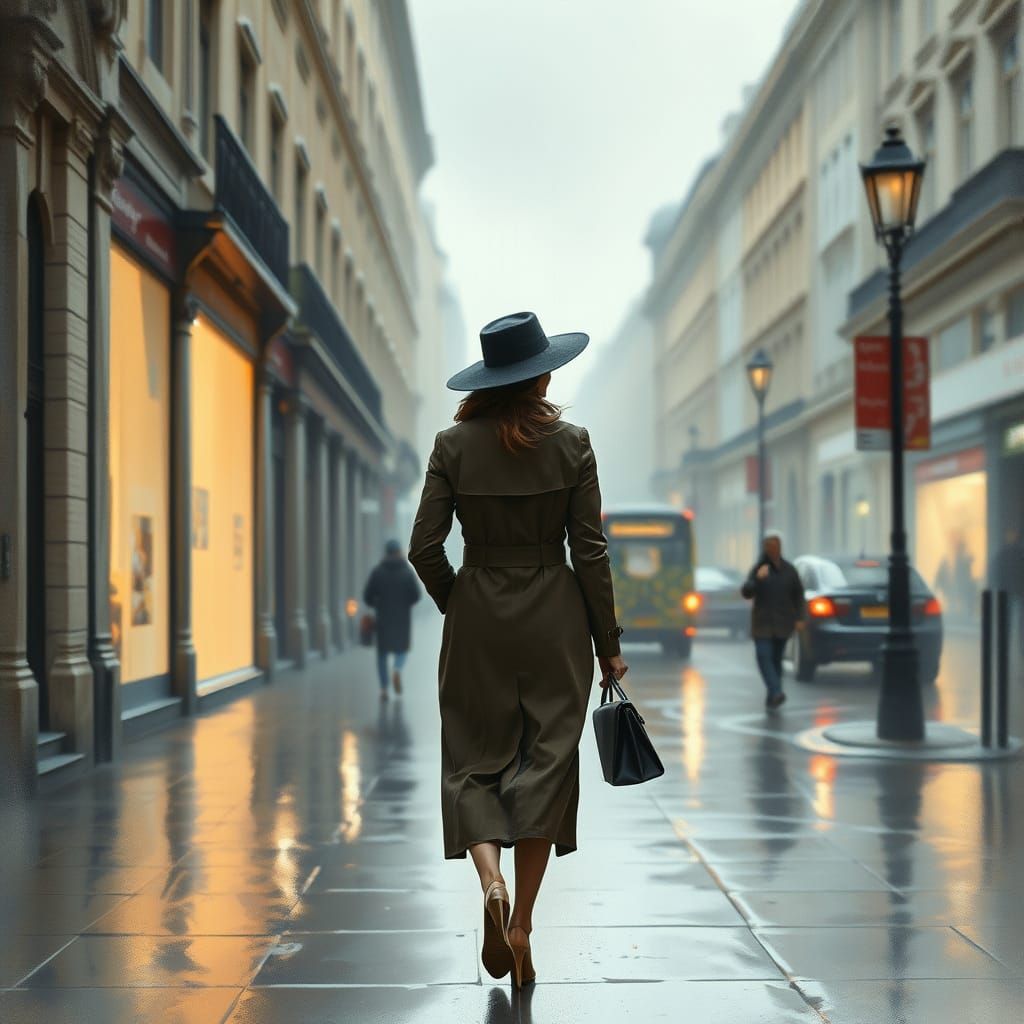 Elegant Woman Walks Alone in Rainy London Streets