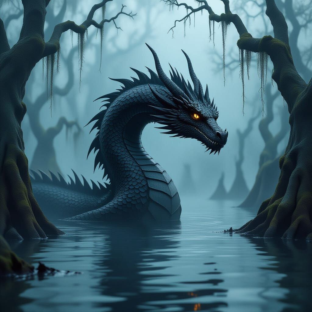 Glistening Black Dragon in a Foggy Swamp