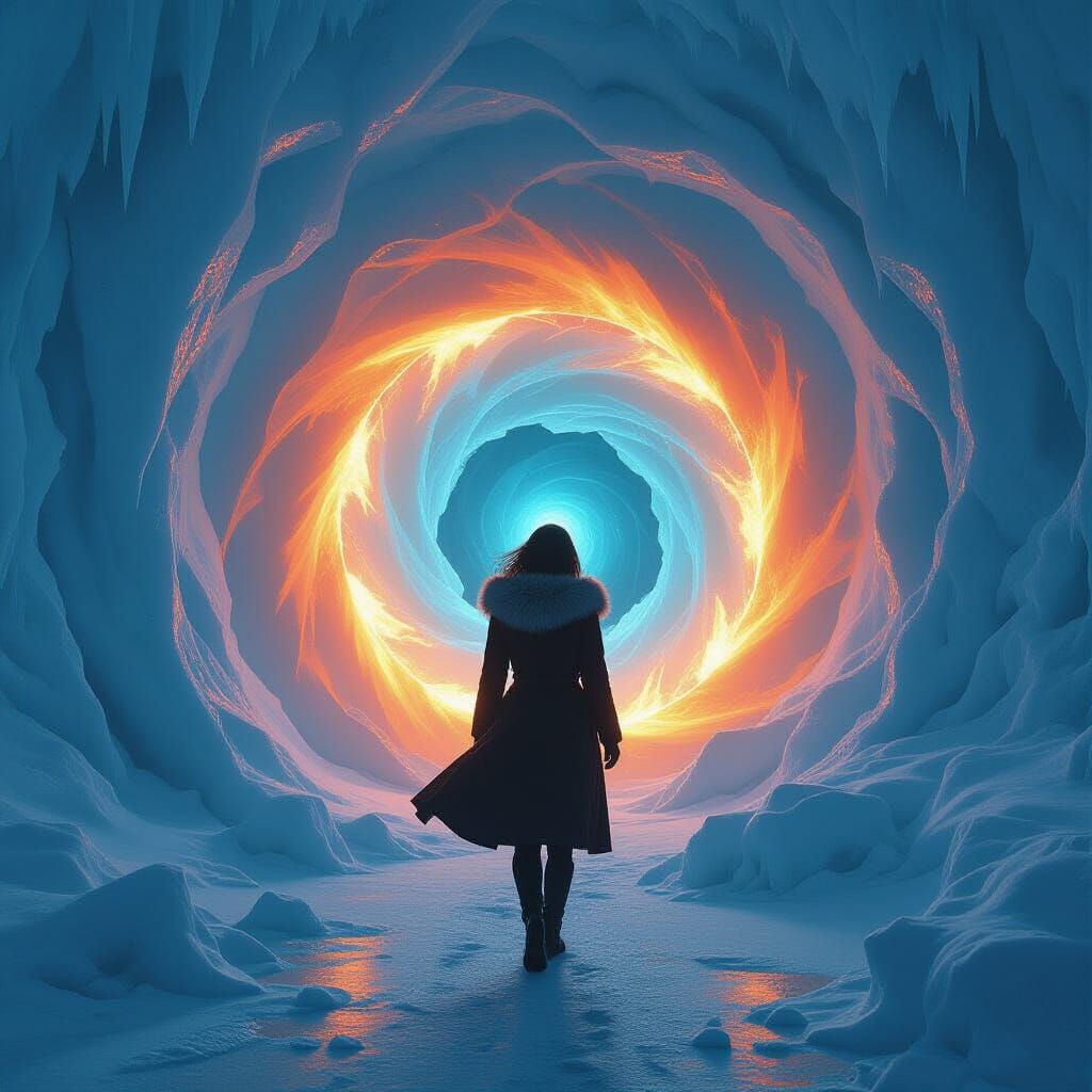 Woman in Ice and Fire Vortex: Futuristic Landscape