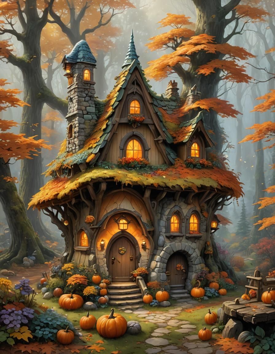 Gnome House in Autumn Woods: Ethereal Fantasy