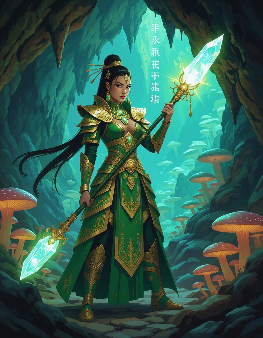 Hmong Warrior Woman with Crystal Staff in Jade Armor