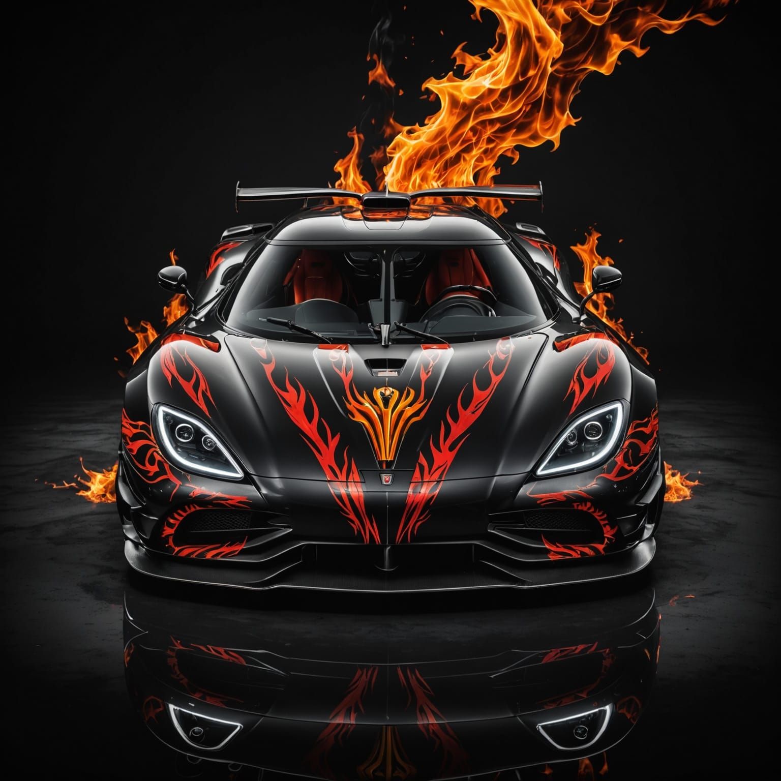 Luxury Automotive Logo with Fiery Flames on Dark Background