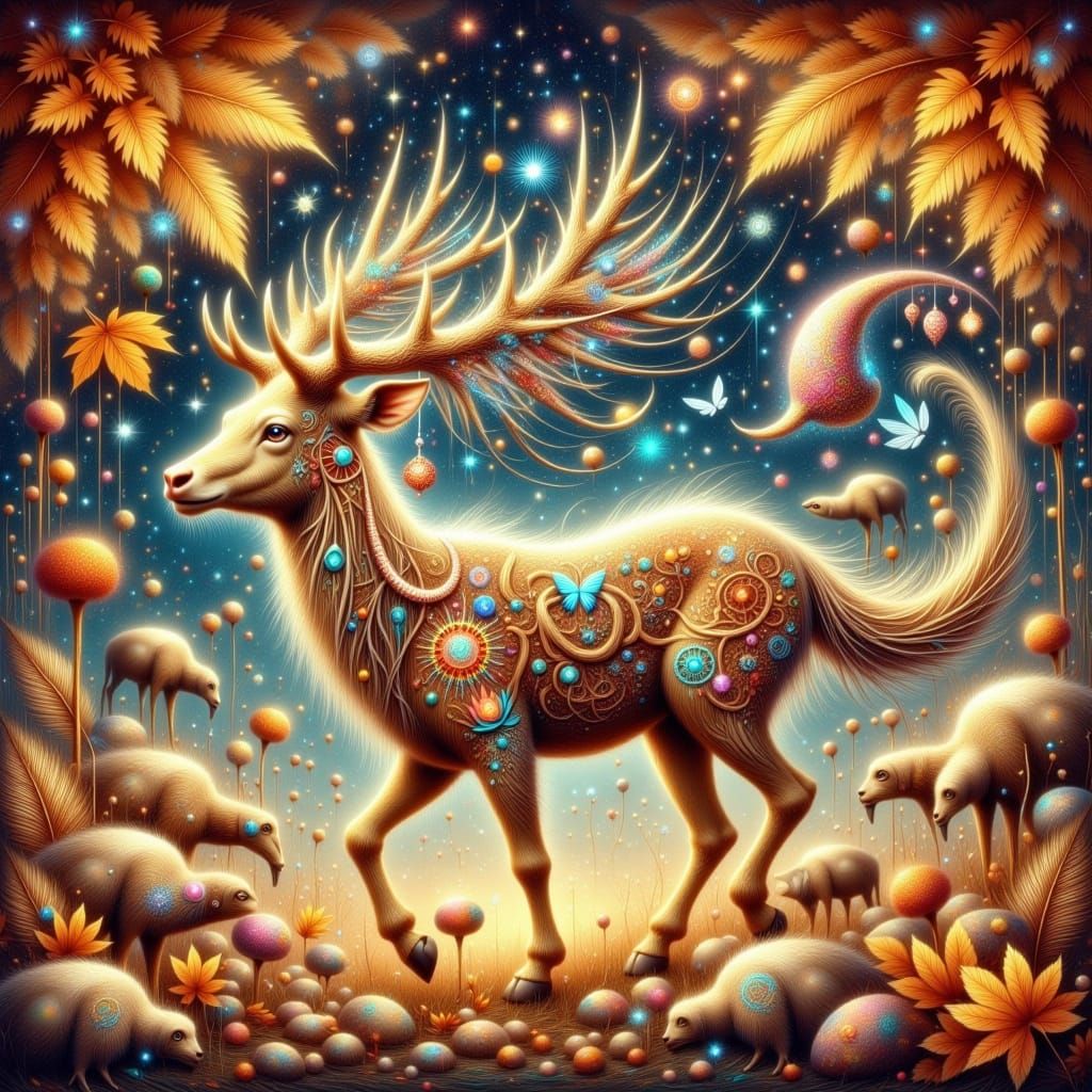 Whimsical Autumn Zodiac Scene in Impasto Style