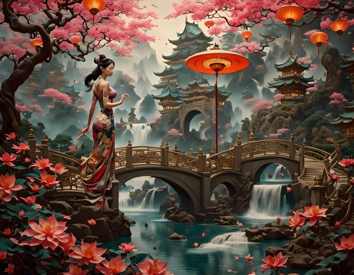 Oil on canvas style. Twisting branches, surreal patterns, miniature waterfalls, whimsical bridges. Imaginative garden, u...